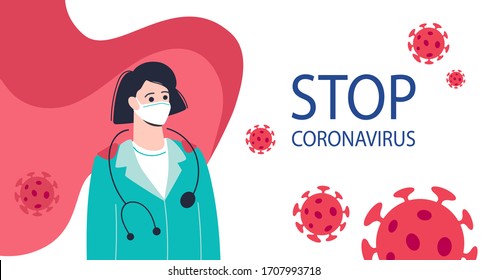 The doctor is a modern super hero. The inscription "Stop Coronavirus". Female doctor in medical mask. Bacteria around the nurse. Covid-19 coronavirus pandemic. Isolated vector