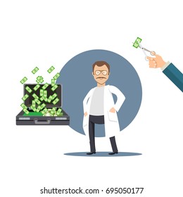 Doctor with a lot of money. the doctor thinks to take a bribe or to refuse.