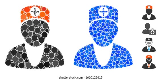 Doctor mosaic of filled circles in variable sizes and color tints, based on doctor icon. Vector filled circles are combined into blue illustration. Dotted doctor icon in usual and blue versions.