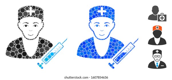 Doctor mosaic of small circles in variable sizes and shades, based on doctor icon. Vector small circles are combined into blue illustration. Dotted doctor icon in usual and blue versions.