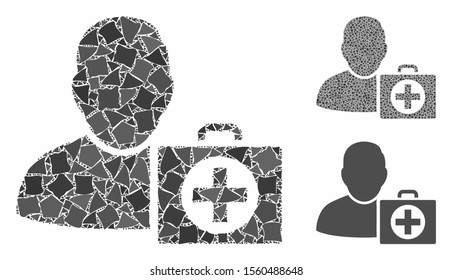 Doctor mosaic of uneven items in different sizes and color tones, based on doctor icon. Vector humpy items are grouped into collage. Doctor icons collage with dotted pattern.