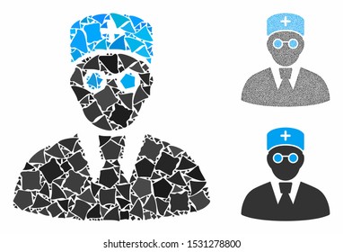 Doctor mosaic of uneven items in various sizes and color hues, based on doctor icon. Vector ragged dots are composed into collage. Doctor icons collage with dotted pattern.