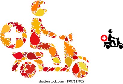 Doctor Motorbike mosaic icon constructed for fall season. Vector doctor motorbike mosaic is organized of random autumn maple and oak leaves. Mosaic autumn leaves in bright gold, brown and red colors.