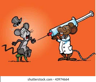 Doctor mouse presenting a gigantic syringe to a scared patient. This illustration is one of a series of five.