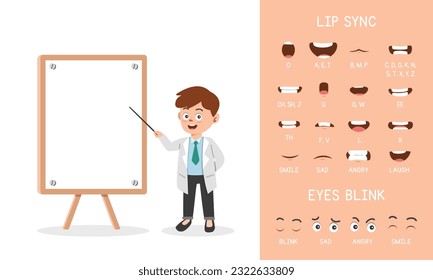 Doctor mouth animation set clipart cartoon style. Cute doctor with blank copy space clipboard flat vector illustration. Lip sync collection. Character sound pronunciation. Doctor seminar concept