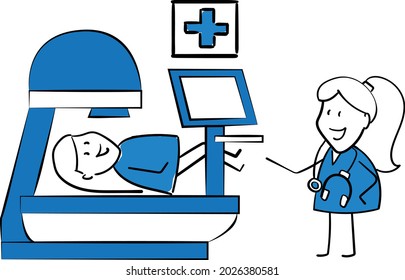 Doctor and mri ct scan of patient.Hand drawn doodle line art cartoon character design girl and boy. Coronavirus and covid-19. Health care and medicine.isolated vector illustration

