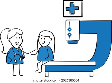 Doctor and mri ct scan of patient.Hand drawn doodle line art cartoon character design girl and boy. Coronavirus and covid-19. Health care and medicine.isolated vector illustration

