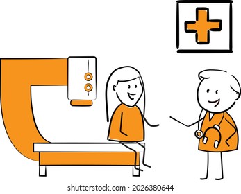 Doctor and mri ct scan of patient.Hand drawn doodle line art cartoon character design girl and boy. Coronavirus and covid-19. Health care and medicine.isolated vector illustration

