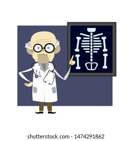 Doctor near blackboard with x-ray and skeleton
