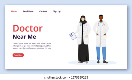 Doctor near me landing page vector template. Multicultural medics. Medicine and healthcare website interface idea with flat illustrations. Clinic homepage layout. web banner, webpage cartoon concept