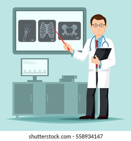 Doctor near x-ray film pointing at broken bones. Radiography of human or patient skeleton, male medic or physician with stethoscope at diagnostic work for hand, chest and hip. Medicine, anatomy theme