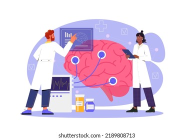 Doctor neurologist concept. Young male and female therapists or scientists study brain impulses. Electroencephalography or medical diagnostics. Devices for neurology. Cartoon flat vector illustration