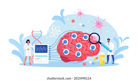 Doctor neurologist, neuroscientist, physician study brain connected to display with EEG indication. Neurology, neuroscience, electroencephalography concept. Vector illustration