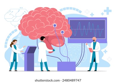 Doctor neurologist, physician study brain connected to display with EEG indication. Neurology, neuroscience, electroencephalography concept. Vector illustration.