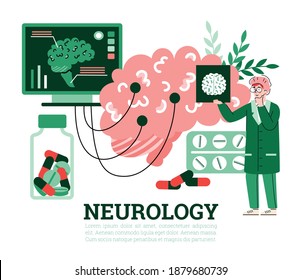 Doctor Neurologist Study Pictures Eeg Scans Of Brain Patient. Concept Of Medical Diagnostic, Research And Treatment Of Neurology Disease. Vector Illustration With Text.