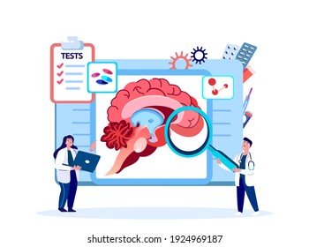 Doctor Neurosurgeon,Neurologist Scientist Examine Brain.Digital Treatment Benign Tumour.Magnetic Resonance Imaging.Research Trial.Clinical Investigation Clinic.Medical Council Diagnostics Illustration