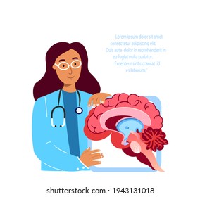 Doctor Neurosurgeon,Neurologist Scientist Examine Brain.Digital Treatment Benign Tumour.Magnetic Resonance Imaging.Research Trial.Clinical Investigation Clinic.Medical Council Diagnostics Illustration