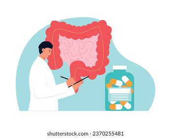 Doctor notes problems with internal organs, administers medication to reduce symptoms of appendicitis, medicine vector illustration.