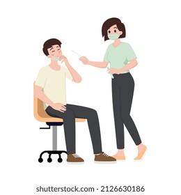 A doctor or nurse is about to do a nose swab test for a patient who comes to the hospital to check for a coronavirus infection. Cartoon character health concept isolated on white background.
