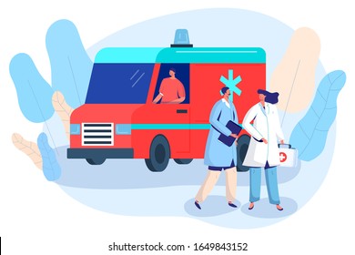 Doctor And Nurse At Ambulance Car, First Aid Vehicle Vector Illustration. Medical Healthcare Center Emergency Service, Hospital Staff Cartoon Characters. Smiling Doctor And Ambulance Driver Flat Style