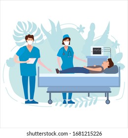 Doctor and nurse in antiviral face mask and patient taking care of patient health. Consultation and diagnosis medical tests virus check. Vector illustration isolated