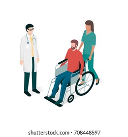 Doctor and nurse assisting a man on wheelchair at the hospital: medicine and healthcare concept