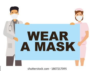 Doctor and Nurse with a banner that write Wear a Mask. Vector illustration