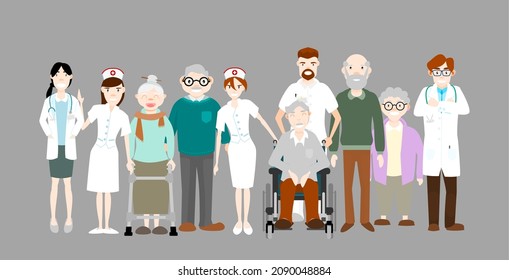 Doctor and nurse caring for elderly group. Flat design vector illustration. Elderly society concept. Health and medicine.
