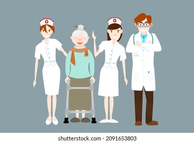 Doctor and nurse are caring for Grandma who is learning to walk with walker. Flat design vector illustration. Health and medical concept of elderly people.