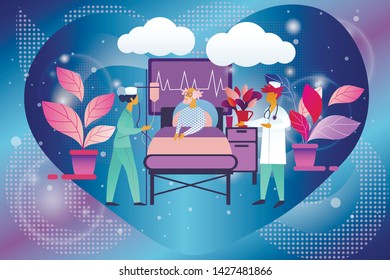 Doctor and Nurse in Chamber Visiting Senior Patient. Medicine, Health Care, Medical Staff Practitioner and Elderly Man in Hospital. Consultation, Diagnosis, Treatement Cartoon Flat Vector Illustration