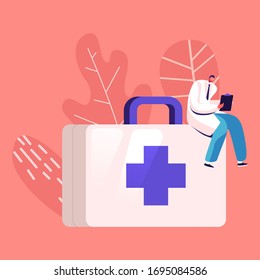 Doctor or Nurse Character in White Robe with Clip Board Sitting on Huge Box with Medical Tools. Clinic, Hospital Healthcare Staff at Work. Medicine Occupation, Profession. Cartoon Vector Illustration