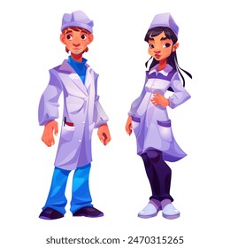 Ärztin oder Krankenschwester in weißer Uniform. Cartoon-Vektorillustration-Set aus medizinischen Arbeiterinnen und Arbeitern. Weibliche und männliche Fachärzte für Medizin und Gesundheitswesen. Klinikpersonal.