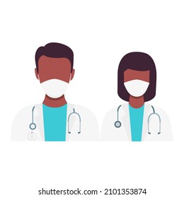 Doctor and nurse characters with black skin wearing medical masks. Medicine support concept. Vector isolated on white.