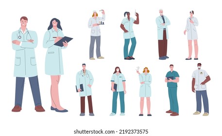 Doctor And Nurse Characters. Happy Hospital Workers, Nurses Lab Portrait. Medical Care Group Professionals. Healthcare And Clinic Kicky Vector Occupations