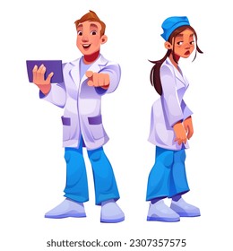 Doctor and nurse characters, hospital medical staff. Professional medics, happy man and sad tired woman in uniform, vector cartoon illustration isolated on white background