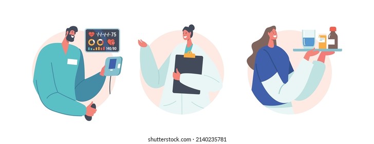 Doctor and Nurse Characters in Medical Robe. Hospital Healthcare Staff with Clipboard, Pills and Tonometer, Medics, Physicians in Uniform, Medicine Profession. Cartoon People Vector Illustration
