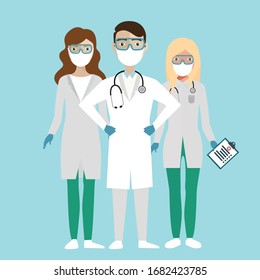 Doctor and nurse characters set. Full length man and woman doctors wearing uniform, white coat and scrubs, glasses, holding clipboard and stethoscope. Flat style cartoon vector isolated illustration