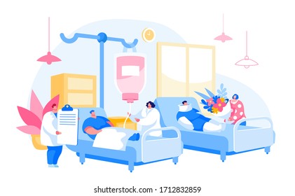 Doctor and Nurse Characters Visiting Patient in Chamber. Medicine Health Care, Medical Staff in Hospital Consultation, Diagnosis Treatment. Woman with Flowers. Cartoon People Vector Illustration