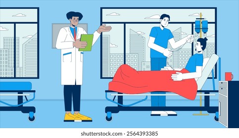 Doctor and nurse checking on patient on hospital bed flat illustration. Murse in scrubs adjusting IV drip 2D characters cartoon background. Ward round medical facility scene vector storytelling image