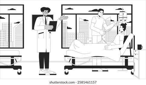 Doctor and nurse checking on patient on hospital bed black and white line illustration. Murse in scrubs adjusting IV drip 2D characters monochrome. Ward round medical facility outline vector image