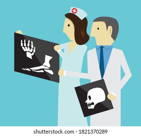 Doctor and nurse checking an x ray result. Vector design