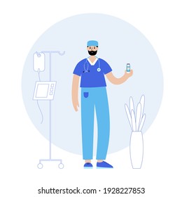 Doctor or nurse at a clinic or hospital in medical office at a clinic or hospital. Global vaccination concept against coronavirus, flu, other viruses, infections or diseases flat vector illustration.