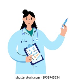 Doctor or nurse at a clinic or hospital in medical office at a clinic or hospital. Global vaccination concept against coronavirus, flu, other viruses, infections or diseases flat vector illustration.