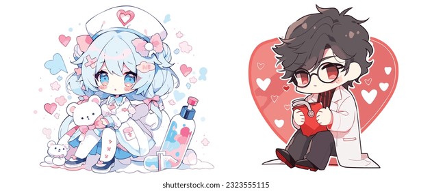 Doctor and nurse cute couple, vector cartoon illustration anime style