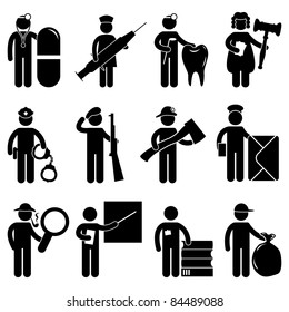 Doctor Nurse Dentist Judge Policeman Army Fireman Firefighter Postman Detective teacher Librarian Garbage Collector Job Occupation Sign Pictogram Symbol Icon