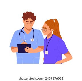 Doctor and nurse discussing over a medical report in hospital. Healthcare staff talking in a clinic. Male physician with stethoscope. Female nurse in uniform. Flat vector illustration