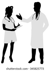 Doctor and nurse discussing together on medical exam at hospital