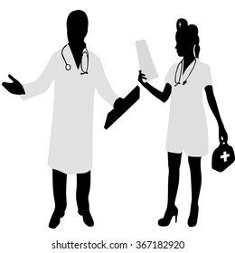 Doctor and nurse discussing together on medical exam at hospital