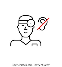 Doctor or nurse and ear crossed symbol. Audiologist, otolaryngologist treating hearing loss. Health services designed for deaf or hard-of-hearing patients, such as sign language communication. Pixel p