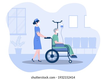 Doctor or Nurse in Face Mask Helping with an Patient, The Nurse Pushes the Wheelchair with Disabled Man. Concentration of Medical Personnel